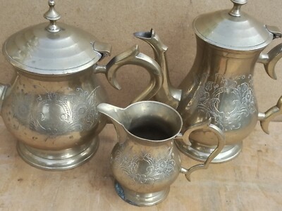 Vintage alte antike Messing Teekanne Kaffee Milchkännchen passendes Set 3 Deko 