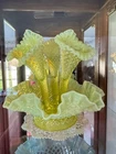 Fenton Hobnail Epergne Yellow Opalescent 3 Horn 9" Ruffled Vase Trumpets