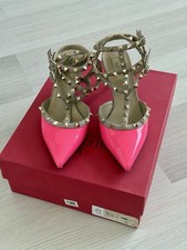 Valentino Garavani Rockstud Neon Hot Pink Patent Leather Caged Heels Pumps 39.5