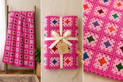 Handmade Crochet Granny Square Vintage Throw Blanket 72x54 Pink Multicolor