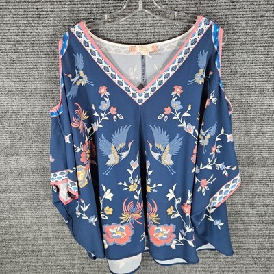 Flying Tomato Womens 3X Blue Cold Shoulder Top Shirt Floral Poncho Style