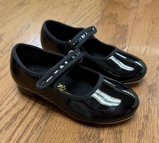 Dance Class Tap Dance Shoes Girls Patent Leather Black Lined Sz 10