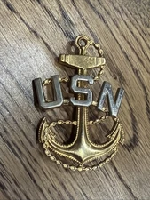 Vintage 1.75” Gemsco Acid Test Gold Tone US Navy Anchor Brooch Hat Pin