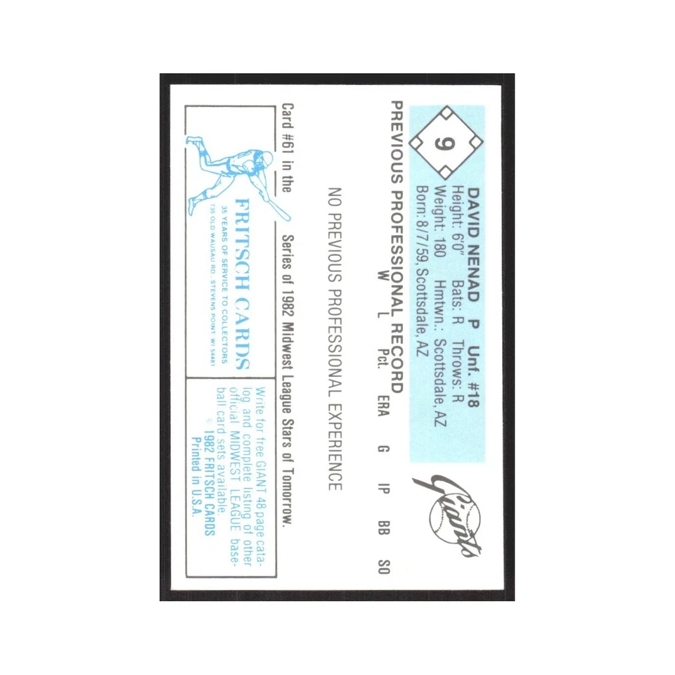 1982 Fritsch Minor League David Nenad Clinton Giants #9.0 - Image 2 of 3