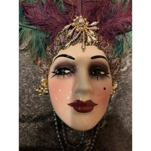 Signed & Numbered Vintage Art Deco Flapper Lady Wall Mask Porcelain Feather Bead