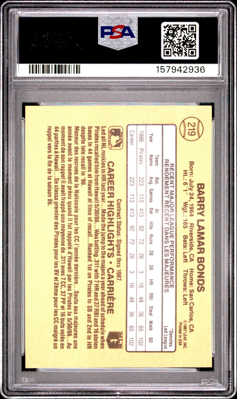 1987 LEAF #219 BARRY BONDS ROOKIE RC PSA 8 view 2