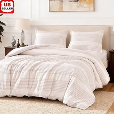 Queen Duvet Cover Set Textured Waffle Striped Polyester Shams OEKO-TEX New