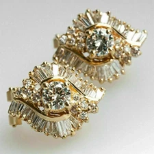 Real Moissanite 4Ct Round Baguette Cut Cluster Stud Earrings Yellow Gold Plated