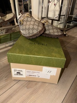 Gucci GG Logo Canvas Horsebit Brown Beige Round Toe Slip-On Mules
