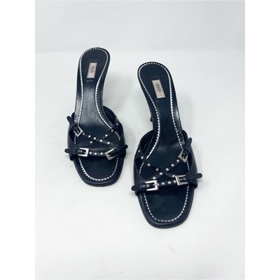 Vintage Prada Y2K Studded Buckle Kitten Heel Mules Sandal Black Leather Size 40
