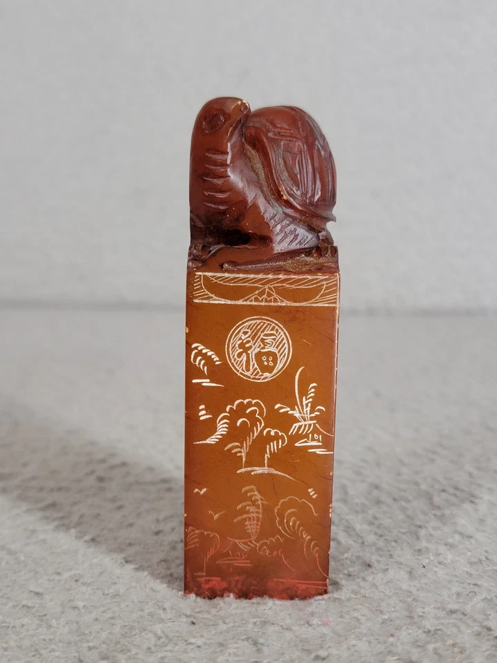 Selo de selo chinês de pedra de sabão esculpido à mão com tartaruga  - Imagem 2 de 4