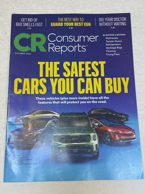 #ad Consumer Reports Magazine Oct 2024 Safest Cars Guard Nest Egg Get Rid Bad Smells $9.99