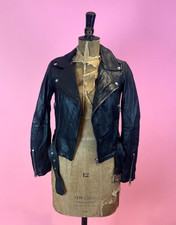 Vintage Style New Recycled Ladies Black Leather Silver Long Sleeve Crop Jacket