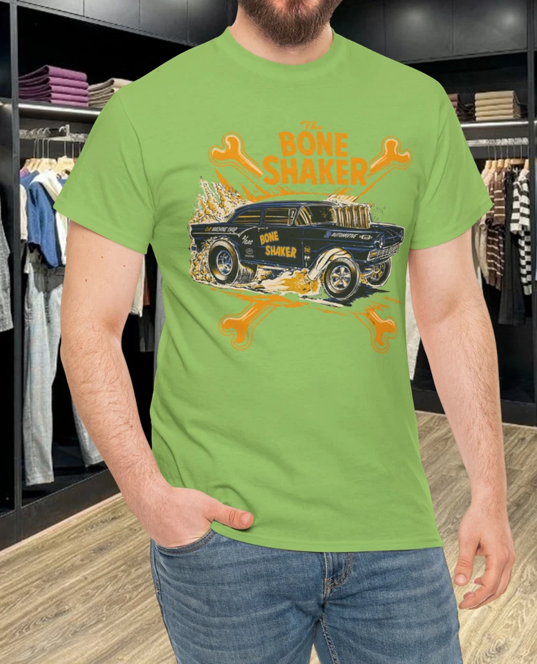 Camiseta Bone Shaker Gasser Hot Rod Drag Racing Vintage Car Gráfico Foto 2 de 4
