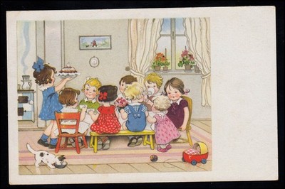 Children's Postcard Children's Birthday Cake Doll Flowers, Celloro Publisher, Unused