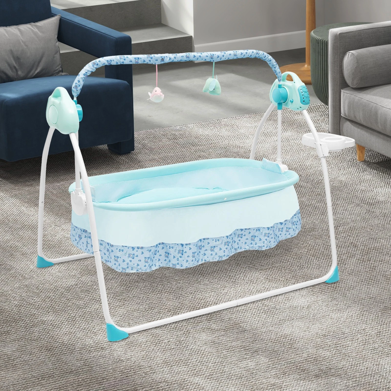 Blue Electric Foldable Infant Crib Baby Cradle For Baby Infant With Safety Belt