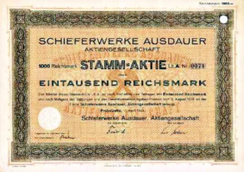 Schieferwerke Ausdauer AG Probstzella Saalfeld hist Aktie 1929 Thüringen Bergbau - Picture 1 of 1