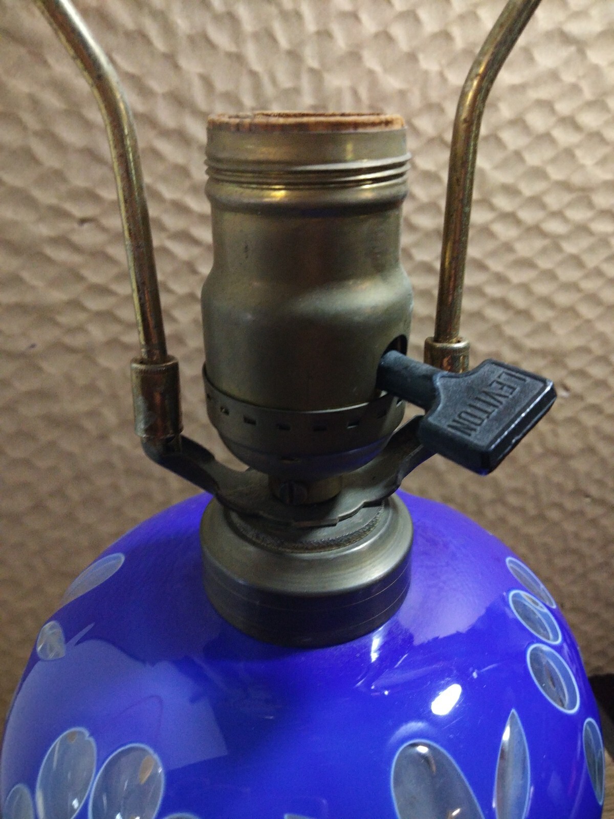 Antique Light Table Top Blue Glass Crystal Cut Clear Converted Oil Lamp