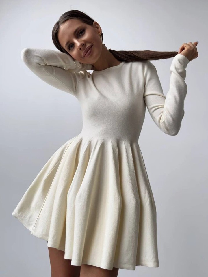 Elegant Knit Dress Casual Long Sleeve Aline Evening Dresses Female