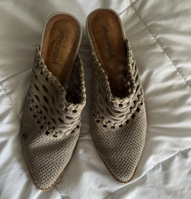 Jeffrey Campbell Women's Size 8 Tan Suede Leather Perforated Slip On Mules Shoes