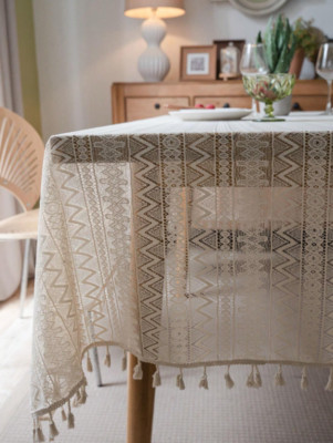 Bohemian gehäkelte runde Tischdecke mit Quaste 150 cm/59'' beige Stoff Boho