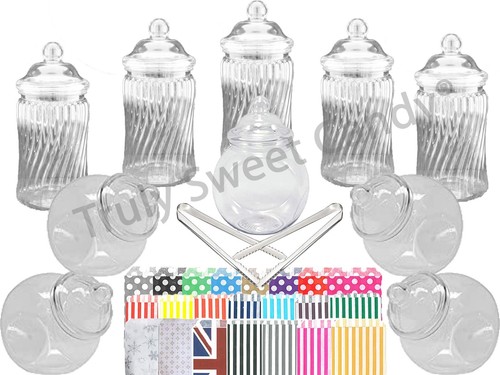 10x 650 & Spiral Plastic Sweet Jars 2 tongs 50 bags  Candy Buffet Wedding PARTY - Picture 1 of 4