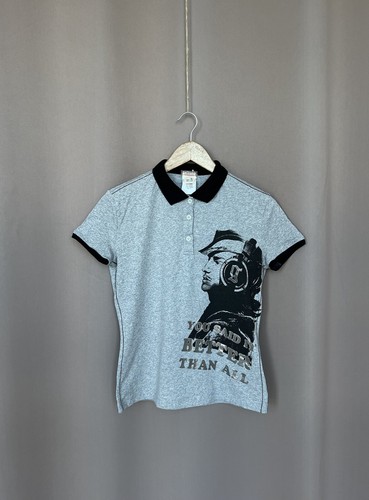 John Galliano, John Galliano Big Logo Polo Shirt Womens Size S Gray Short Sleeve Cotton