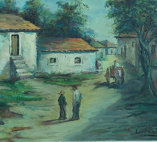 Painting Antique School Portuguese Lisbon Scene Animated Village Lucília - Brito