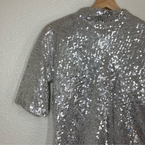 Diane Von Furstenberg Silver Sequin Mako Top Mock Neck Size 2 Silk Holiday Disco - Picture 5 of 16