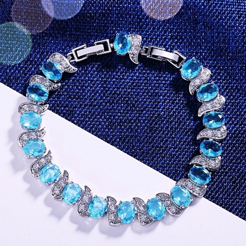 18K White Gold Filled Simulated Clear Crystal Oval Aquamarine Tennis Bracelet - Picture 4 of 5