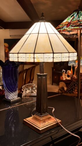 Mission Spanish Hacienda Tiffany Stained Glass Table Lamp WHITE SHADE - Picture 3 of 8