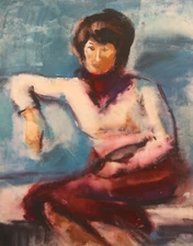 Vintage genuine watercolor painting female portrait