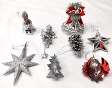 8 Vtg & Modern Shiny Silver Ornaments~Glittered Mirrored Foil Starburst Mid Cent