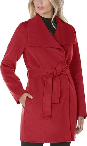 Red Wing, NEW Tahari Women Deep Red Wing Collar Belted Mid-Length Wool Wrap Coat Jacket XS