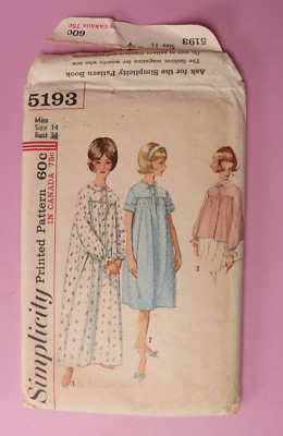 Vtg Orig 1963 Simplicty Miss' Womans Nightgown w/ Bedjacket 5193 Size 14 Bust 34