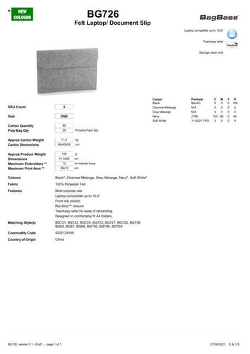 Bagbase BagBase Polyester Filz Dokument Slip BG726 - Laptop Sleeve Tasche Schutz - Bild 2 von 9
