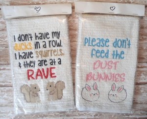 Embroidered Hand Towels, Don't Feed The Bunnies, Squirrel Rave Kitchen, Funny