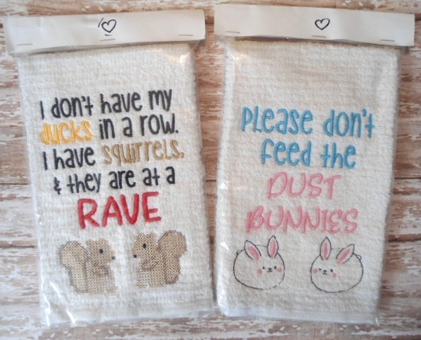 Embroidered Hand Towels, Don't Feed The Bunnies, Squirrel Rave Kitchen, Funny