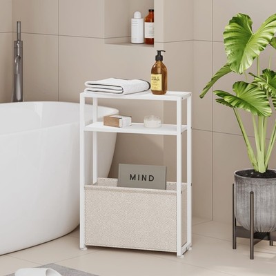 Slim Side Table with Fabric Basket, Skinny End Table for Small Spaces, White/...