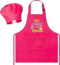 2 Pcs Kid Apron and Chef Hat Set, Rose Red Adjustable Children Kitchen Apron Rol