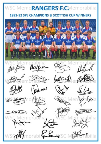 12881. 1991-92 Glasgow Rangers Signed Team Photo Sheet PRINTED AUTOS A4 Double