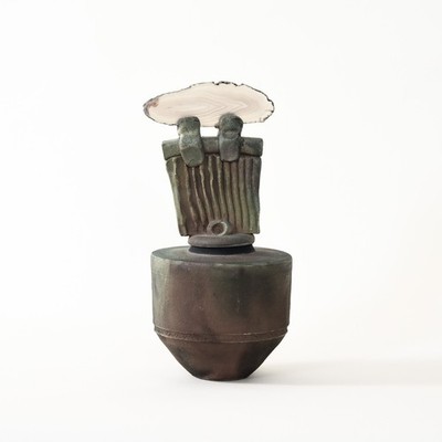Sculptural Ceramic Vessel by Helene Fielder with Opaque Stone 3'' x 7''