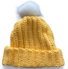 Crochet Ribbed Beanie With Faux Fur Pom Pom - Adult Size Butter