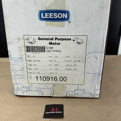 New Leeson General Purpose Motor C6T17FK5G 3/4hp 1725rpm 208-230/460V Warranty