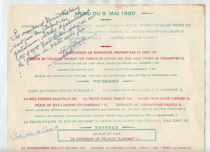 Menu restaurant Lasserre le 30 mars 1979 à Paris. – è molto goloso