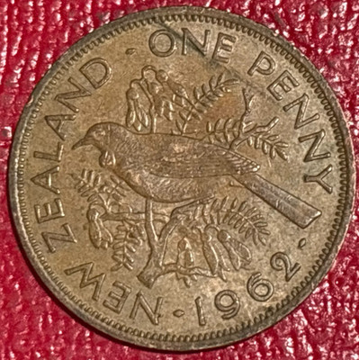 HIGH GRADE XF/AU 1962 NEW ZEALAND ONE PENNY COIN-TUI BIRD-JUL747