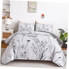 Floral Quilt Size Set and White Botanical Quilt Bedding Set 3 Queen Grey