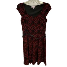 Candies's Junior's Dress Red Black Lace Stretch Belt Short Sleeve Size Med
