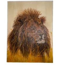 Vintage 80s LION  hand painted acrylic painting signed Viola Elliott