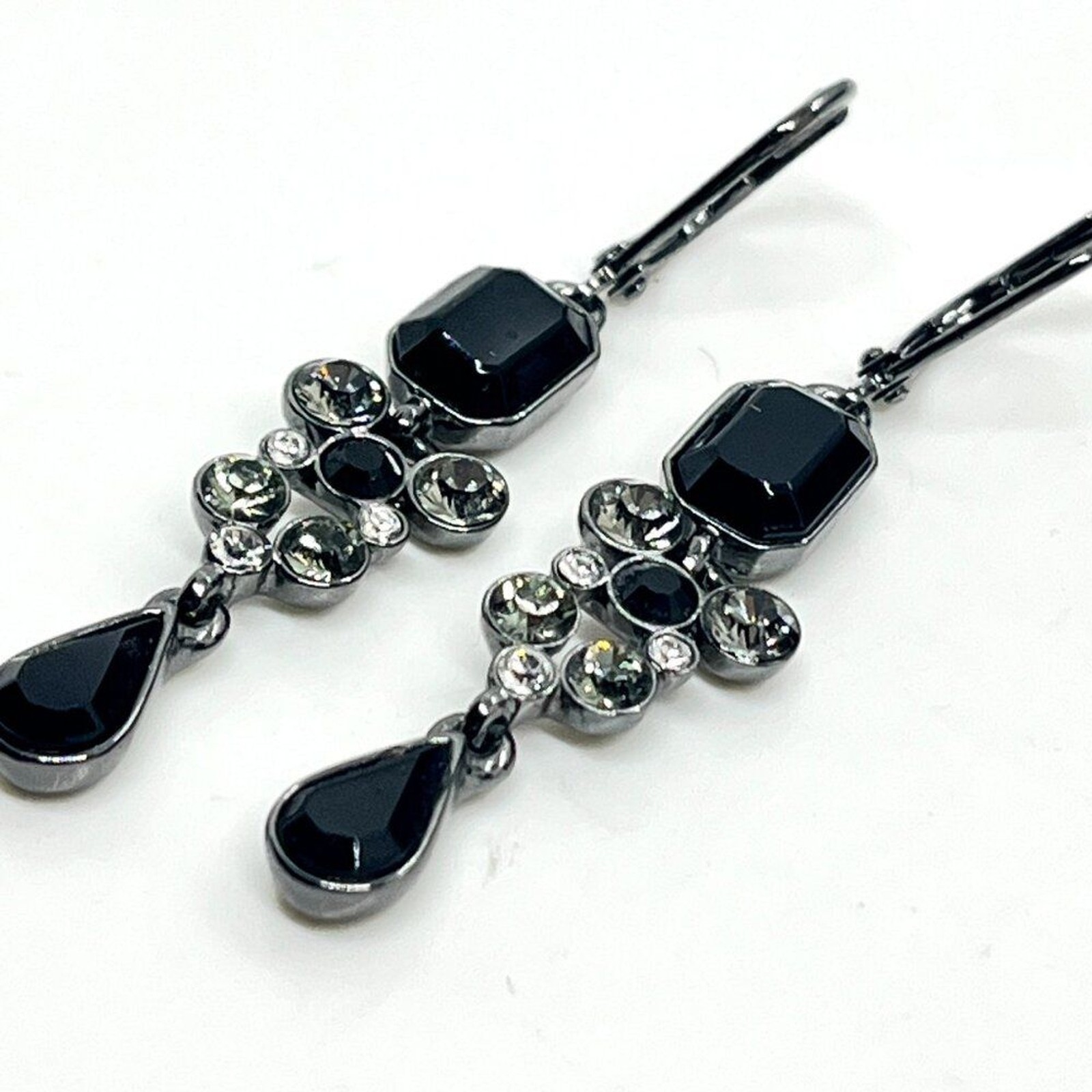 GIVENCHY Gunmetal Black Rhinestone Drop Earrings Faceted Glass Leverback Classic thumbnail 7